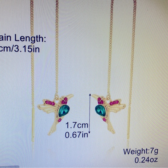 New ! Exquisite Rhinestone Red Humming Bird Long Chain Threader Retro Earrings - Picture 3 of 5